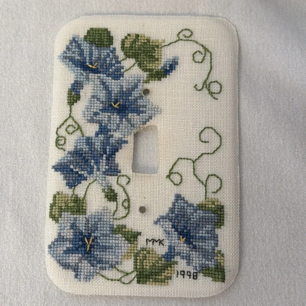 Vtg Finished Cross Stitch Single Toggle Light Switch Cover Floral Completed 1990